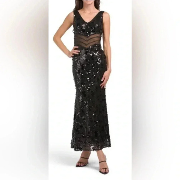 🆕 Dalia Macphee Black Sequined Illusion Waist Gown Extra Large - Picture 2 of 15